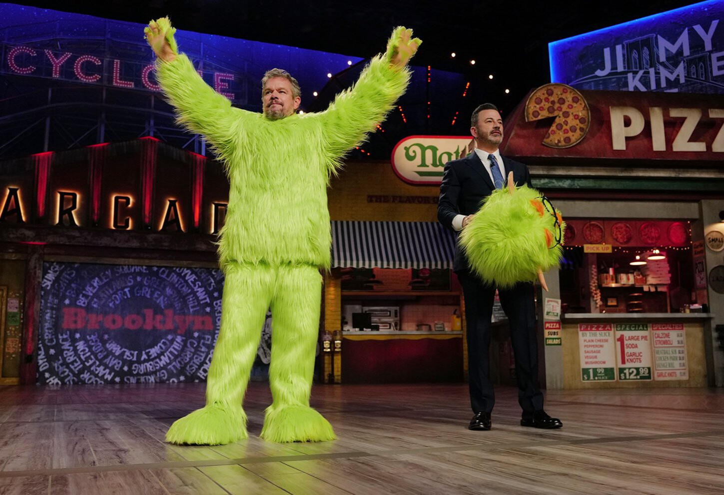 Matt Damon in a Frankie Focus puppet costume, in an iconic performance on Jimmy Kimmel Live
